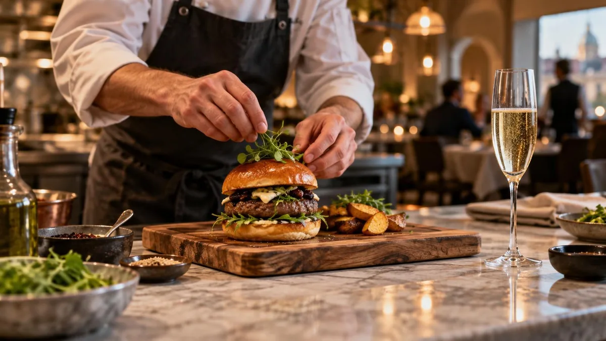 Chef in cucina professionale impiattano un hamburger gourmet su tagliere di legno, accanto un calice di vino spumante, luci calde in sala elegante