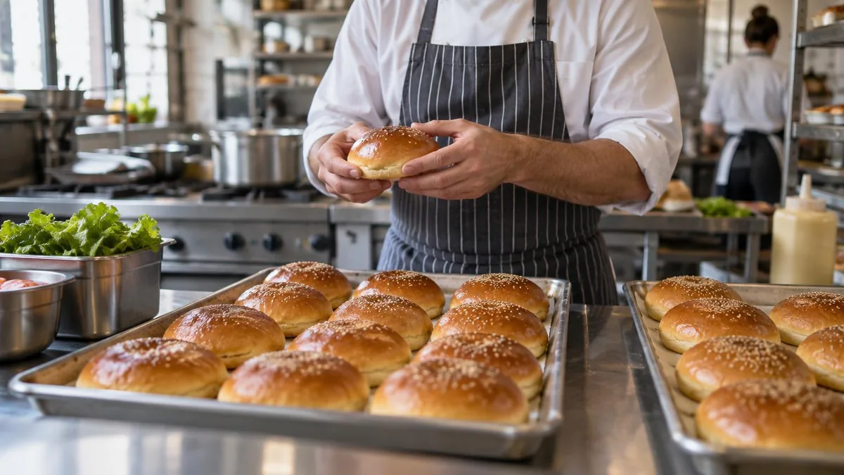 Bancone di una paninoteca con vassoi di pane per hamburger appena consegnati, un cuoco in grembiule controlla la consistenza dei bun sotto la luce naturale della cucina