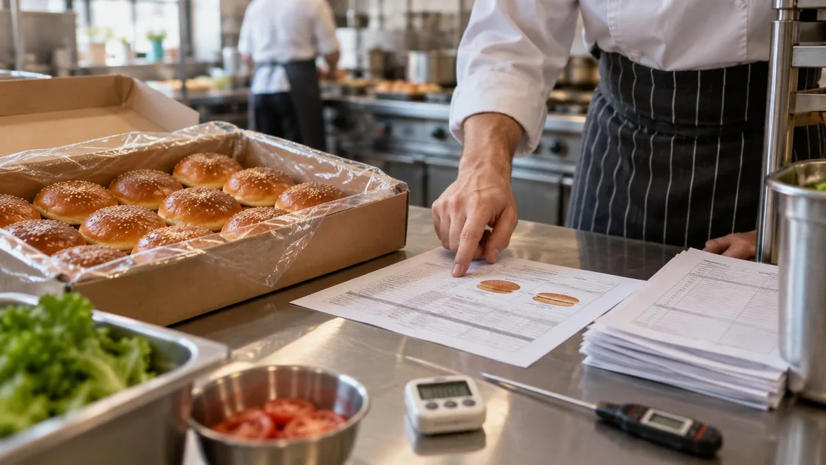 Bancone di cucina professionale con una confezione aperta di pane da hamburger accanto a una scheda tecnica stampata e moduli d'ordine, mano di uno chef che indica il documento, con timer da cucina e 