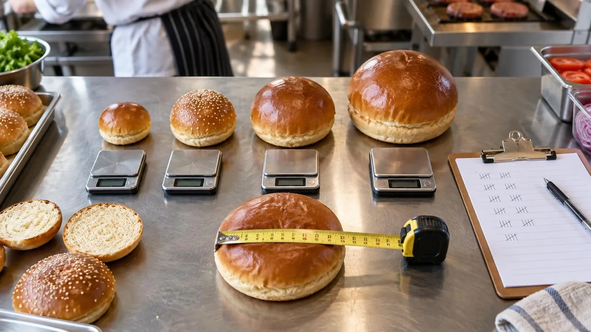 Vista dall'alto di un bancone in acciaio inox con file di pane da hamburger di diverse dimensioni, una bilancia da cucina che mostra il peso di un panino, un metro che ne misura il diametro e un blocc