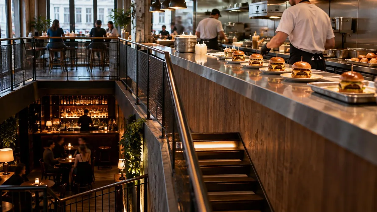 Interno di un ristorante hamburger su due piani a Londra: al piano terra un bancone luminoso con burger smash pronti da servire, mentre una scala conduce a un piano inferiore in penombra con un bancon