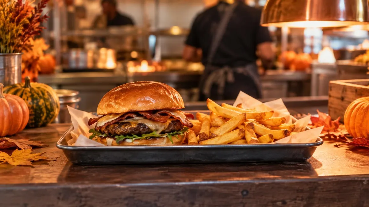 Vassoio con hamburger gourmet e patatine su un bancone di un fast food dall'atmosfera autunnale, con luci calde e decorazioni stagionali sullo sfondo
