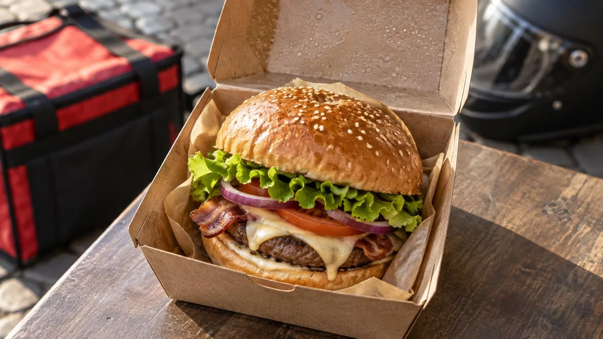 Primo piano dall'alto di un hamburger per delivery in una scatola di cartone aperta, con il pane tostato che mantiene la struttura nonostante la condensa sul coperchio, sullo sfondo sfocato una borsa 