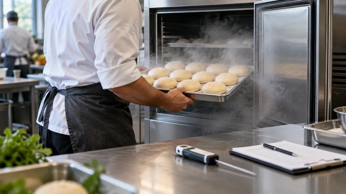 Chef in cucina professionale estrae un vassoio di pane per hamburger da un abbattitore, con vapore visibile a contatto con l'aria calda; sul banco in acciaio inox si notano un termometro digitale e un
