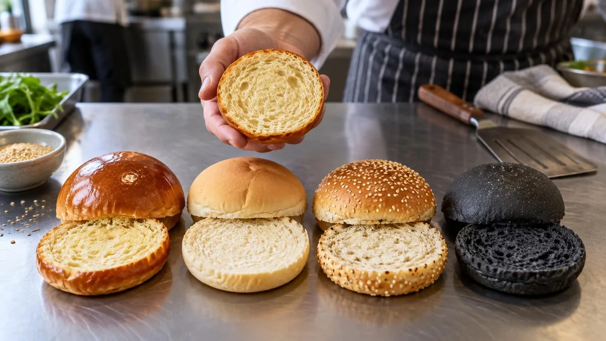 Vista dall'alto di un bancone da cucina in acciaio con diversi tipi di pane per hamburger tagliati a metà, disposti in file per confrontare consistenza e colore, tra cui un bun brioche lucido, uno all