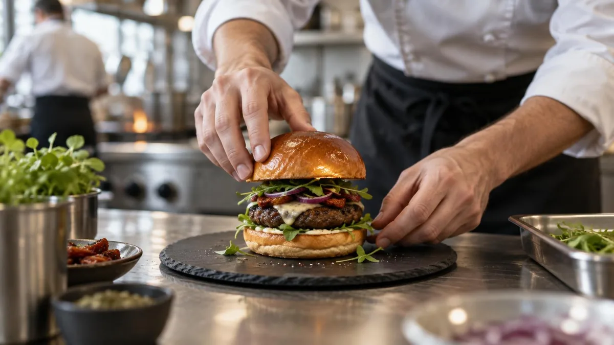Chef in cucina professionale impiatta un hamburger gourmet con bun artigianale dorato, contorno sfocato di attrezzature da cucina moderna.