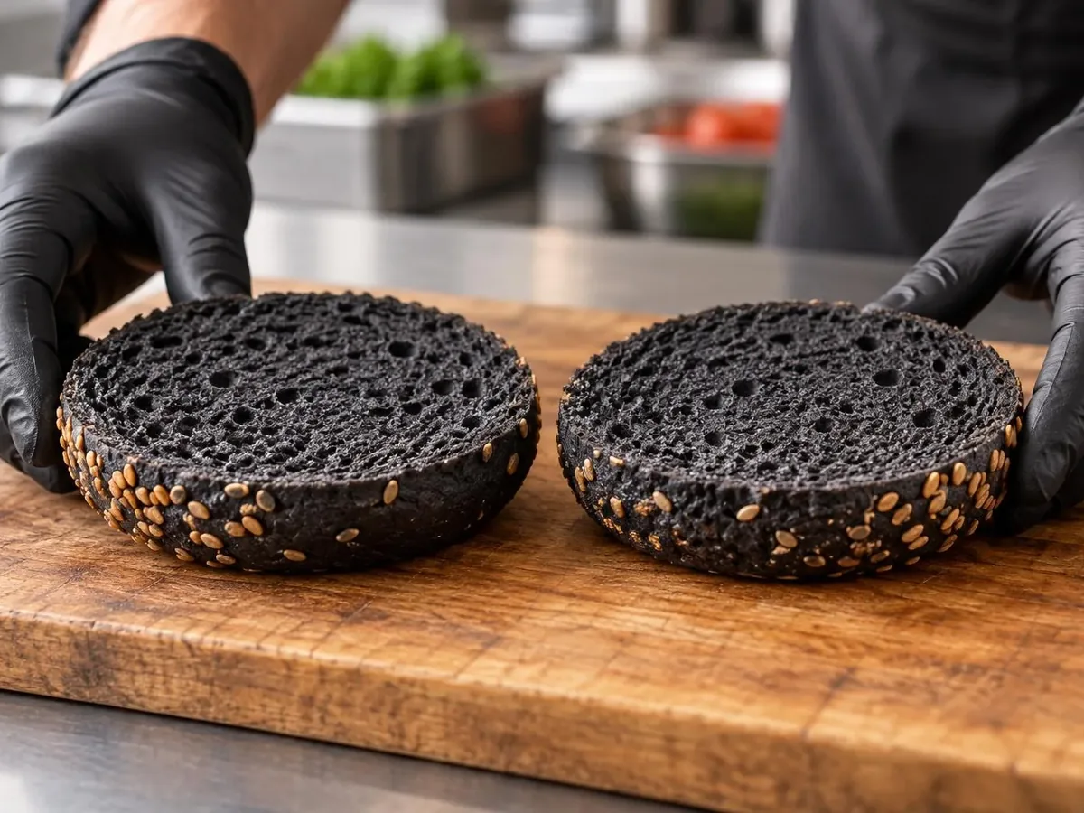Burger di salmone con bun nero: Bun nero tagliato aperto sul tagliere