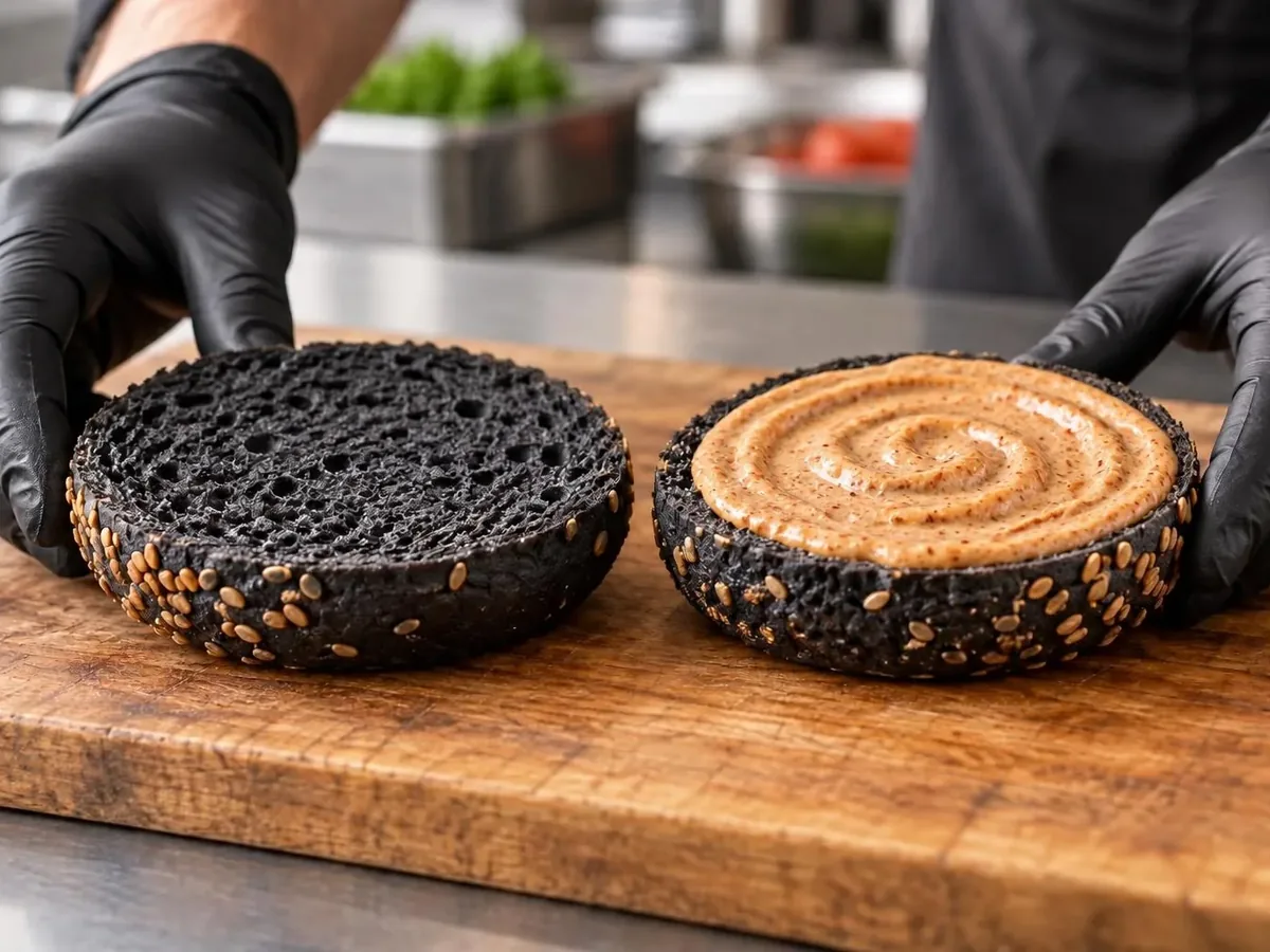 Burger di salmone con bun nero: Maionese piccante al chipotle sulla calotta