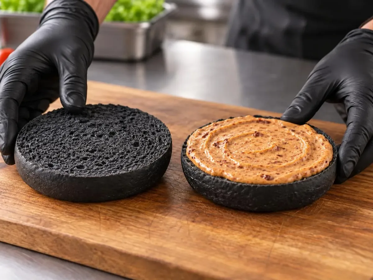 Burger di salmone con bun nero: Maionese piccante al chipotle sulla calotta superiore