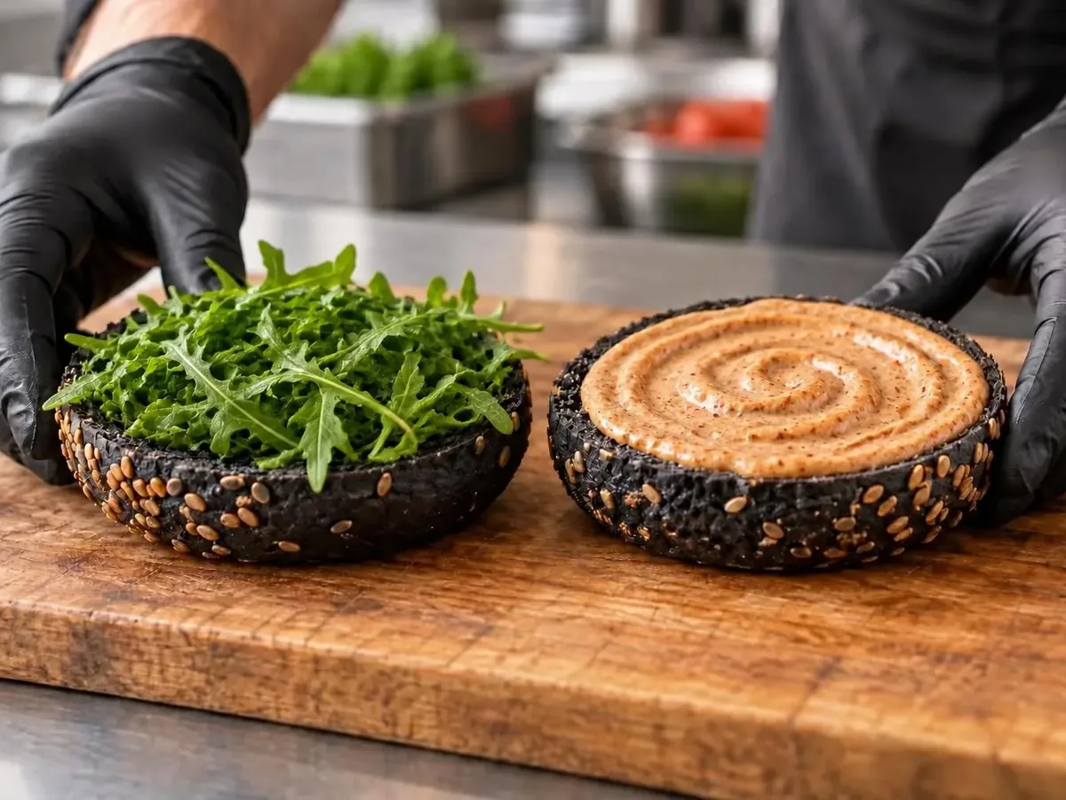 Burger di salmone con bun nero: Rucola sulla base