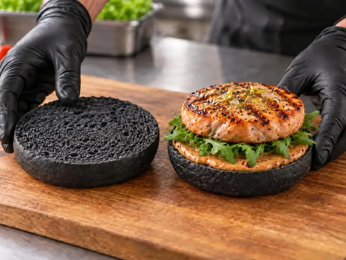 Burger di salmone con bun nero: Burger di salmone appena cotto con limone
