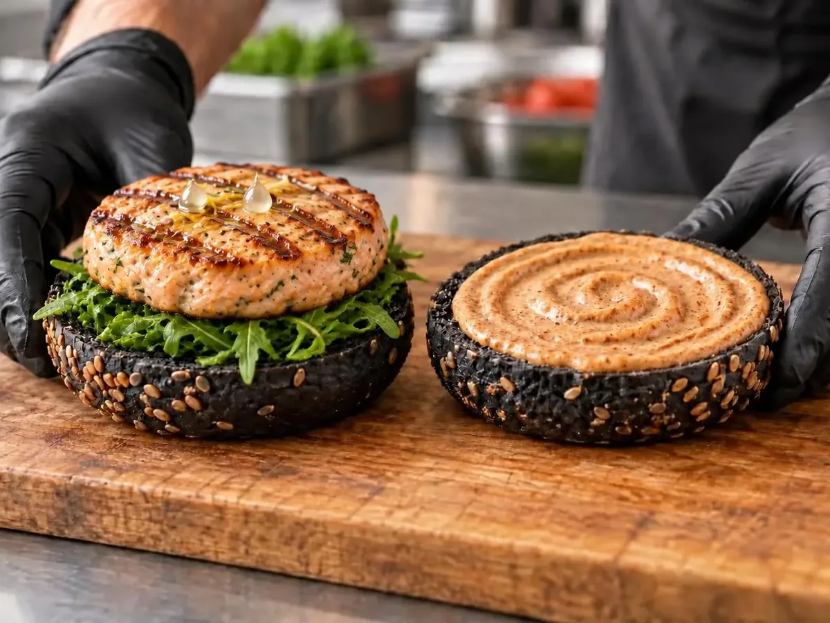 Burger di salmone con bun nero: Burger di salmone appena cotto con limone