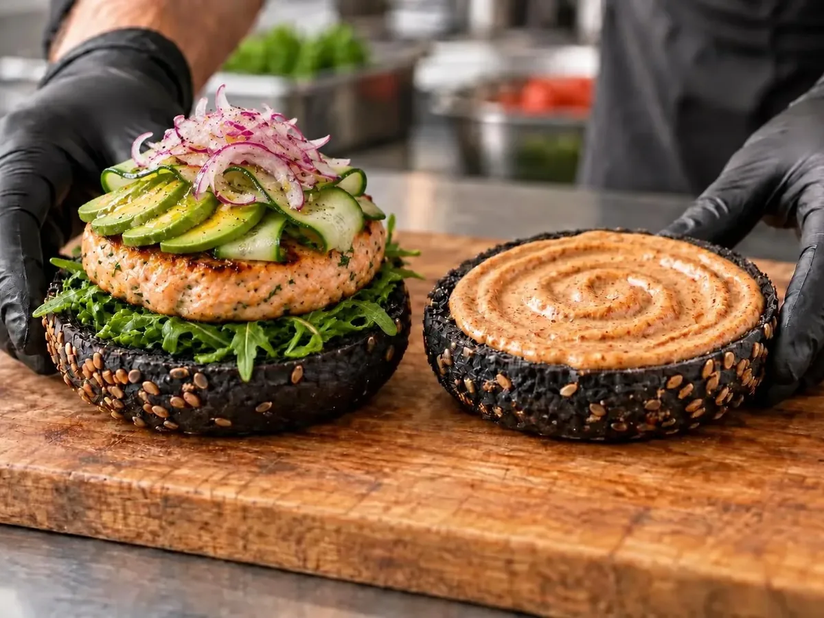 Burger di salmone con bun nero: Avocado, cetriolo e cipolla rossa