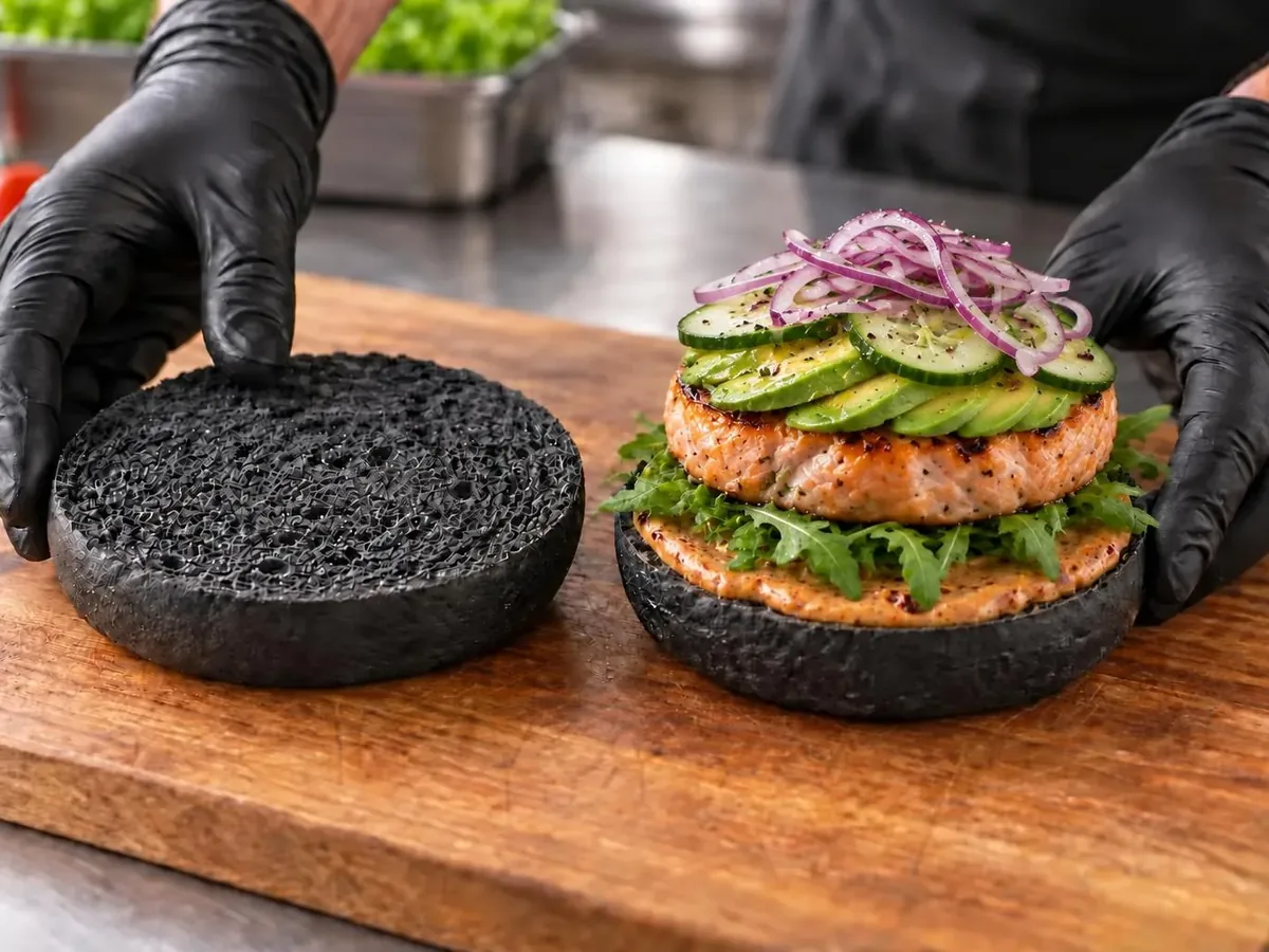 Burger di salmone con bun nero: Avocado, cetriolo e cipolla rossa a velo