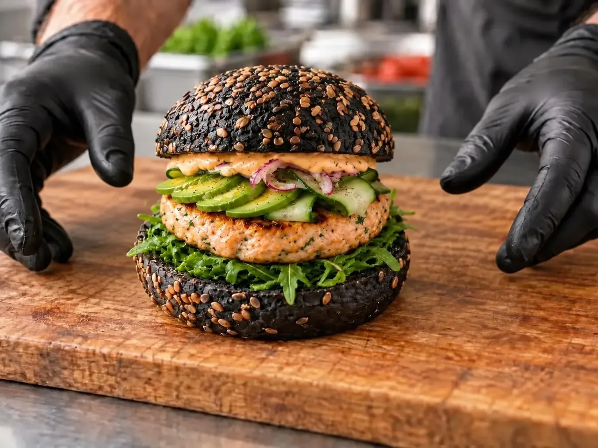 Panino con bun classico nero tagliato a metà, che mostra un burger di salmone dorato, fette di avocado verde, cetriolo sottile, rucola e cipolla rossa a velo, con la maionese al chipotle visibile sulla
