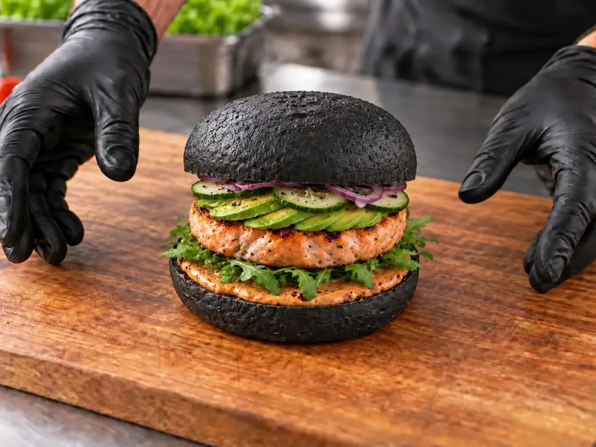 Panino con bun classico nero tagliato a metà, che mostra un burger di salmone dorato, fette di avocado verde, cetriolo sottile, rucola e cipolla rossa a velo, con la maionese al chipotle visibile sulla