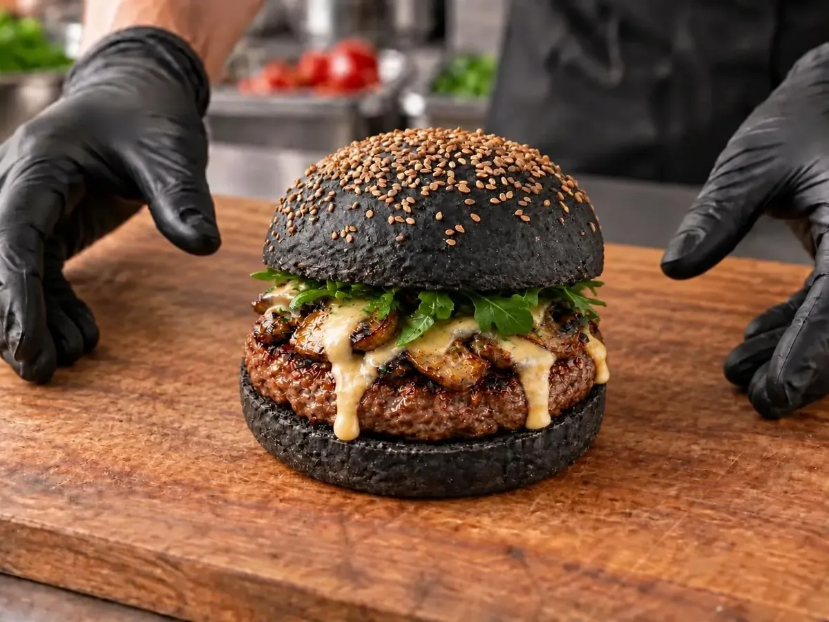 Primo piano di un hamburger su bun nero ai semi di sesamo, con fonduta di taleggio colante sui funghi porcini trifolati e ciuffi di rucola che spuntano dai lati.